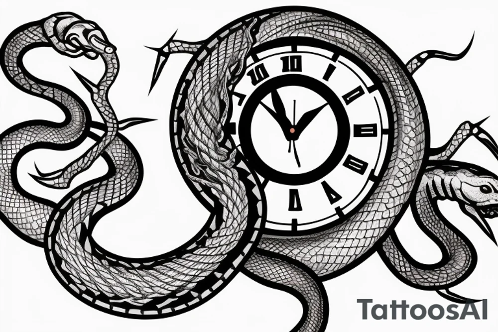 A clock with an snake eating its tail as the outside, the minute hand as a tuning fork and hour hand as twisted thorns tattoo idea