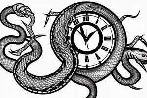 A clock with an snake eating its tail as the outside, the minute hand as a tuning fork and hour hand as twisted thorns tattoo idea