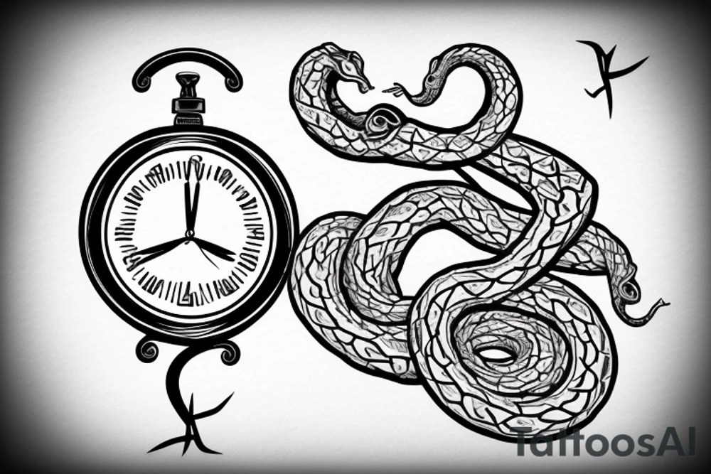 A clock with an snake eating its tail as the outside, the minute hand as a tuning fork and hour hand as twisted thorns tattoo idea