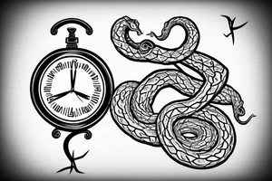A clock with an snake eating its tail as the outside, the minute hand as a tuning fork and hour hand as twisted thorns tattoo idea