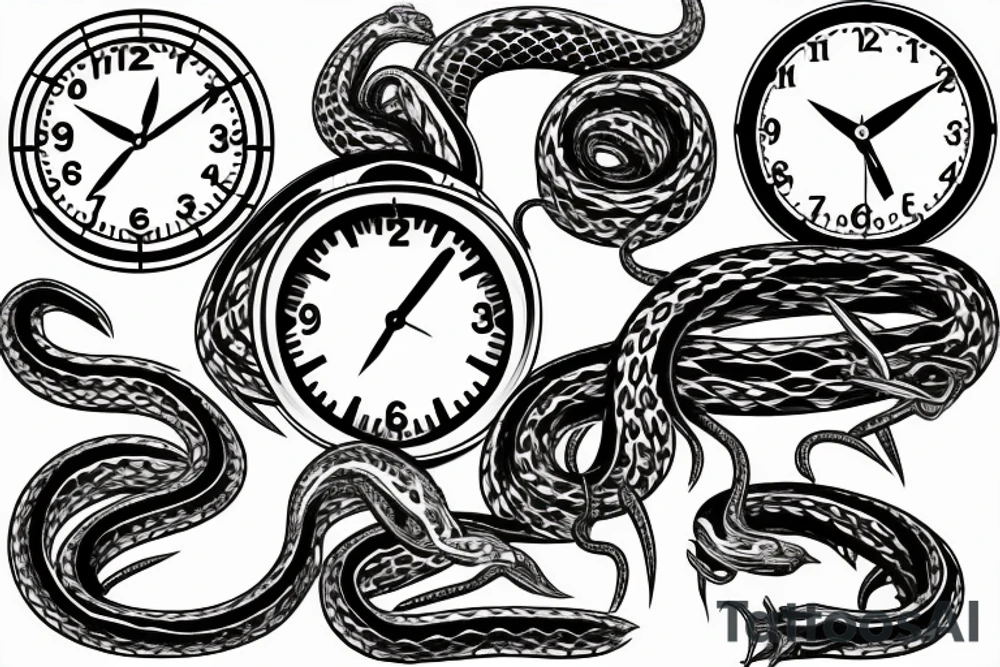 A clock with an snake eating its tail as the outside, the minute hand as a tuning fork and hour hand as twisted thorns tattoo idea