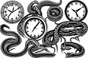 A clock with an snake eating its tail as the outside, the minute hand as a tuning fork and hour hand as twisted thorns tattoo idea