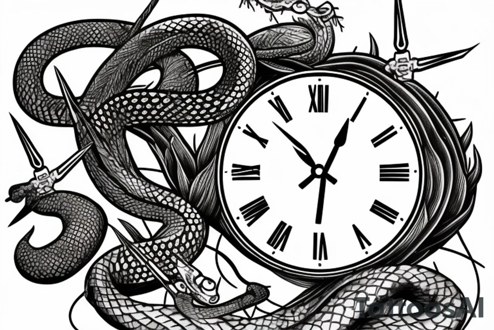 A clock with an snake eating its tail as the outside frame, the minute hand as a tuning fork and hour hand as twisted thorns tattoo idea