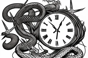 A clock with an snake eating its tail as the outside frame, the minute hand as a tuning fork and hour hand as twisted thorns tattoo idea