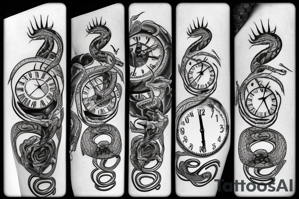 A clock with an snake eating its tail as the outside frame, the minute hand as a tuning fork and hour hand as twisted thorns tattoo idea