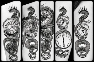 A clock with an snake eating its tail as the outside frame, the minute hand as a tuning fork and hour hand as twisted thorns tattoo idea