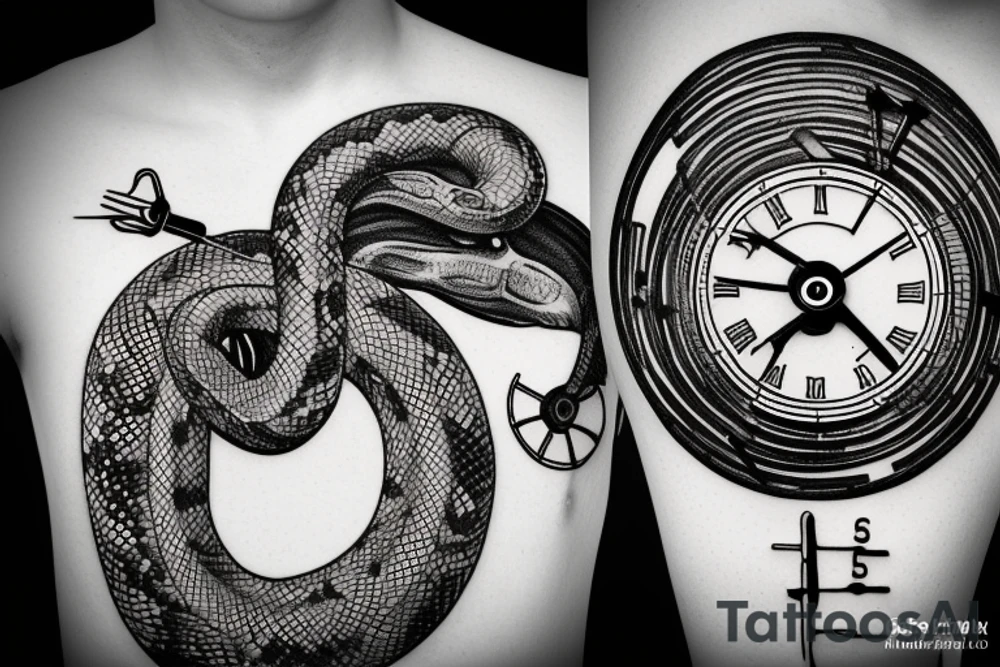 Clockwork, a snake eating its tail, tuning fork minute hand and a nail as the hour hand tattoo idea