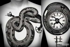 Clockwork, a snake eating its tail, tuning fork minute hand and a nail as the hour hand tattoo idea