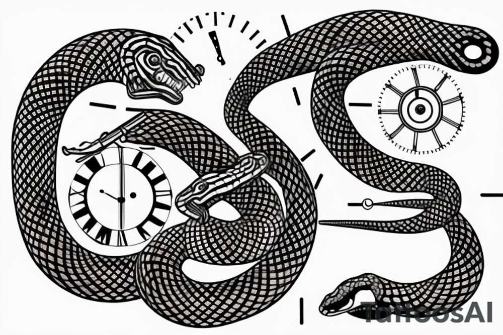 Clockwork, a snake eating its tail, tuning fork minute hand and a nail as the hour hand tattoo idea