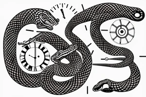 Clockwork, a snake eating its tail, tuning fork minute hand and a nail as the hour hand tattoo idea