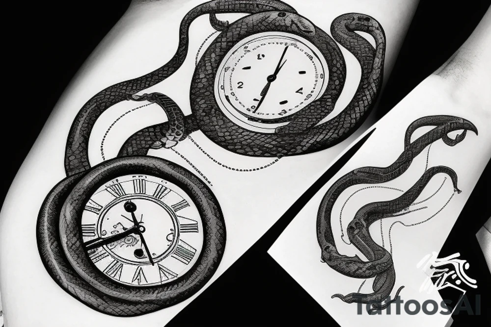 Clockwork, a snake eating its tail, tuning fork minute hand and a nail as the hour hand tattoo idea