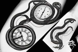 Clockwork, a snake eating its tail, tuning fork minute hand and a nail as the hour hand tattoo idea