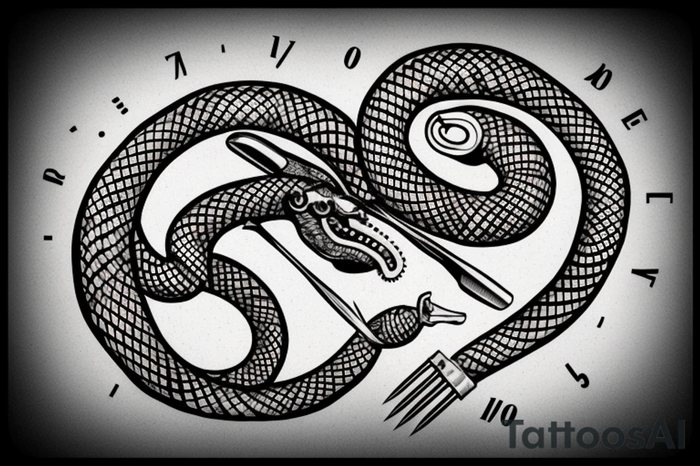 Clockwork, a snake eating its tail, tuning fork minute hand and a nail as the hour hand tattoo idea