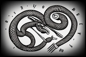 Clockwork, a snake eating its tail, tuning fork minute hand and a nail as the hour hand tattoo idea