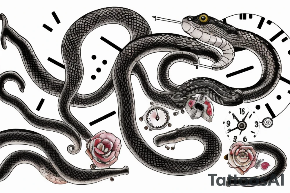 Clockwork, a snake eating its tail, tuning fork minute hand and a nail as the hour hand tattoo idea