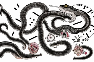 Clockwork, a snake eating its tail, tuning fork minute hand and a nail as the hour hand tattoo idea