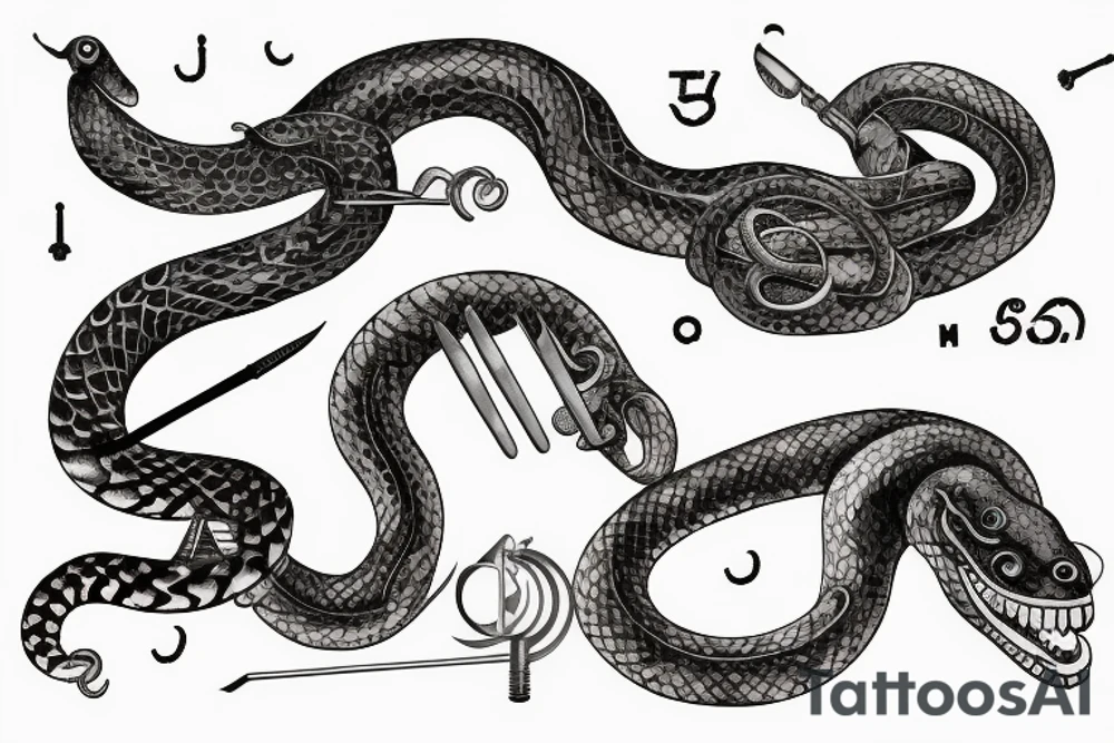 Clockwork, a snake eating its tail, tuning fork minute hand and a nail as the hour hand tattoo idea