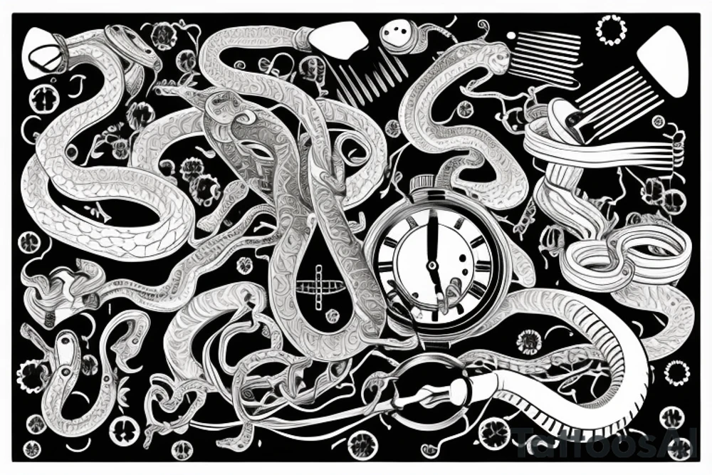 Clockwork, a snake eating its tail, tuning fork minute hand and a nail as the hour hand tattoo idea
