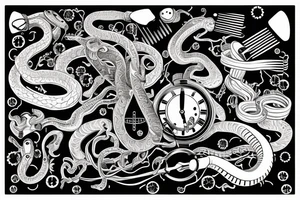 Clockwork, a snake eating its tail, tuning fork minute hand and a nail as the hour hand tattoo idea