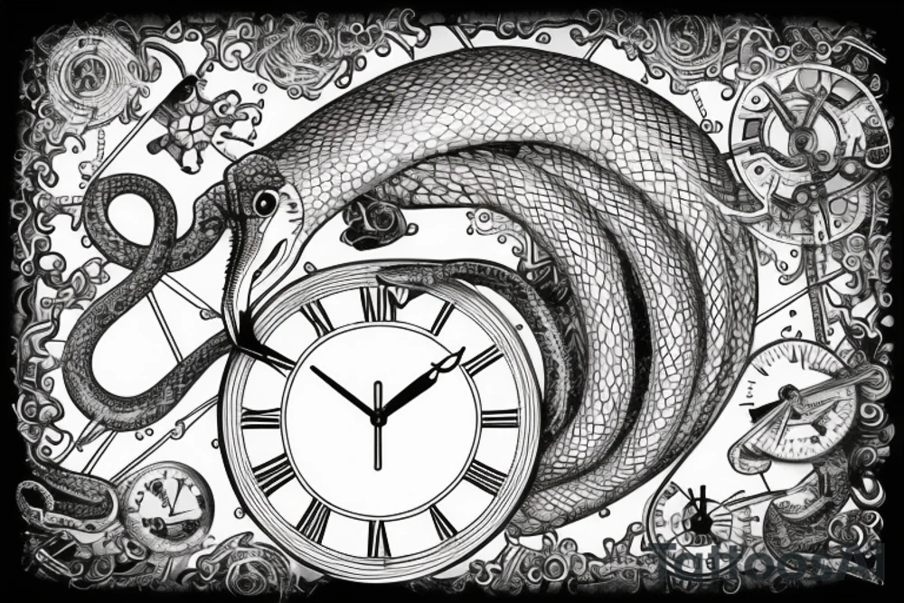 Clockwork, a snake eating its tail, tuning fork minute hand and a nail as the hour hand tattoo idea