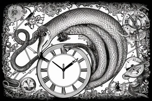 Clockwork, a snake eating its tail, tuning fork minute hand and a nail as the hour hand tattoo idea
