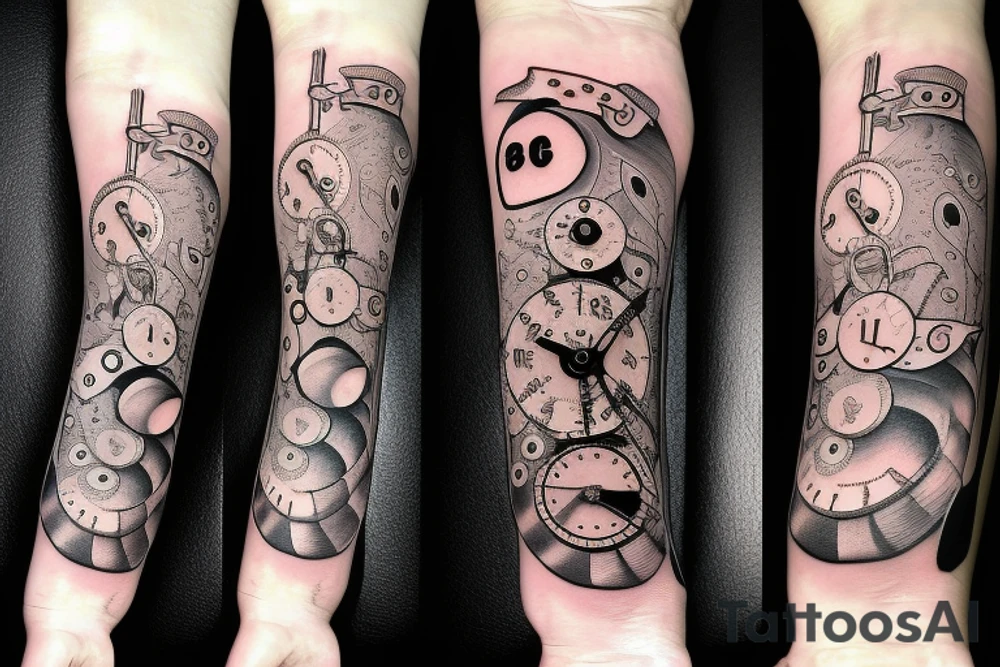 Clockwork, a snake eating its tail, music tuning fork minute hand and a nail as the hour hand tattoo idea