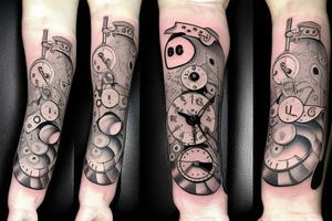 Clockwork, a snake eating its tail, music tuning fork minute hand and a nail as the hour hand tattoo idea