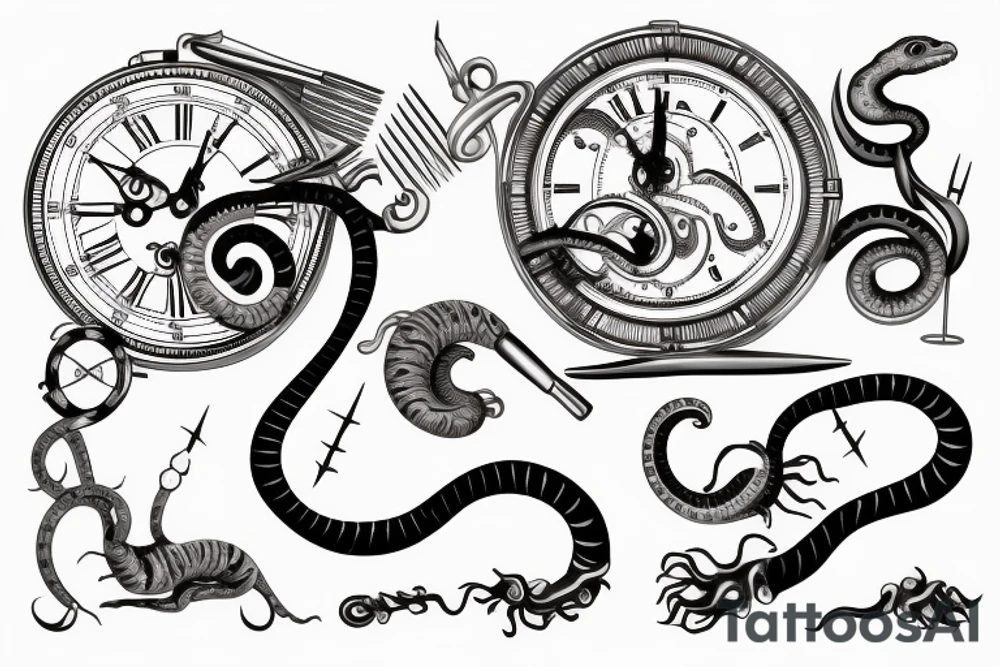 Clockwork, a snake eating its tail, music tuning fork minute hand and a nail as the hour hand tattoo idea