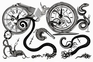 Clockwork, a snake eating its tail, music tuning fork minute hand and a nail as the hour hand tattoo idea