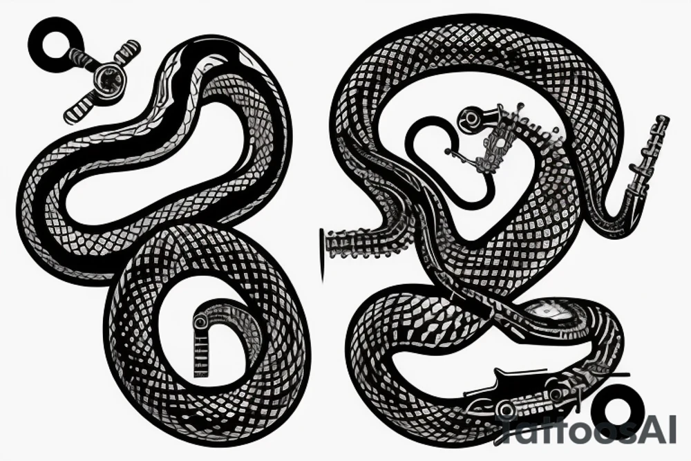 Clockwork, a snake eating its tail, music tuning fork minute hand and a nail as the hour hand tattoo idea