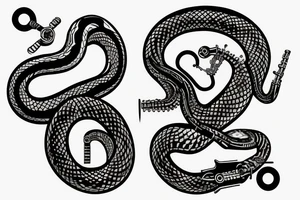 Clockwork, a snake eating its tail, music tuning fork minute hand and a nail as the hour hand tattoo idea