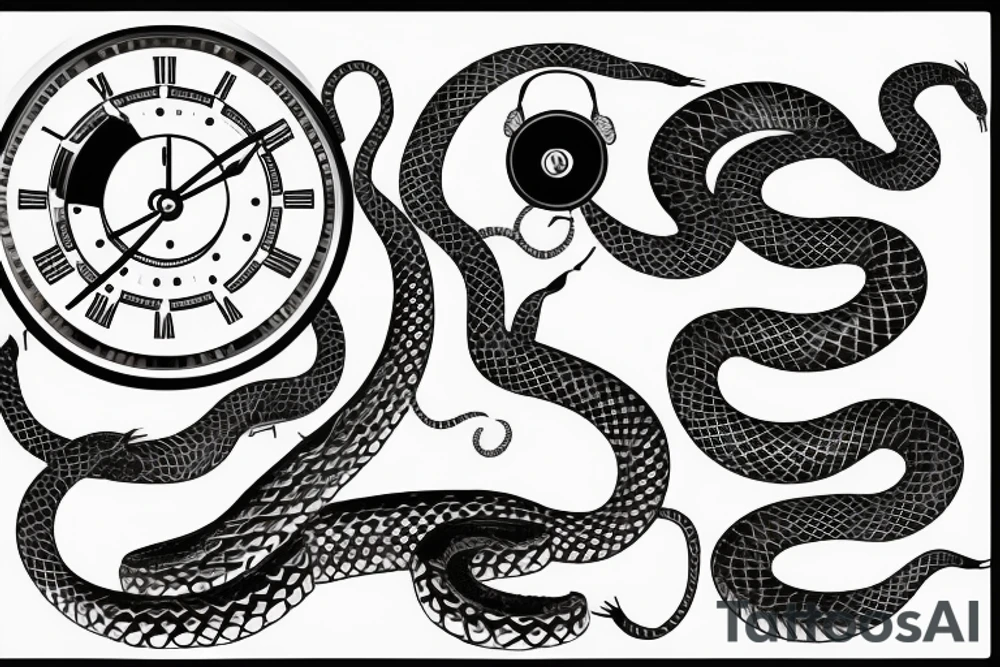 Clockwork, a snake eating its tail, music tuning fork minute hand and a nail as the hour hand tattoo idea