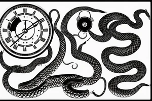 Clockwork, a snake eating its tail, music tuning fork minute hand and a nail as the hour hand tattoo idea