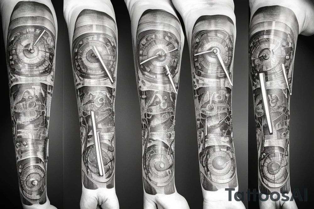 Clockwork, a snake eating its tail, music tuning fork minute hand and a nail as the hour hand tattoo idea
