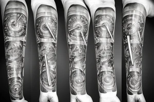 Clockwork, a snake eating its tail, music tuning fork minute hand and a nail as the hour hand tattoo idea