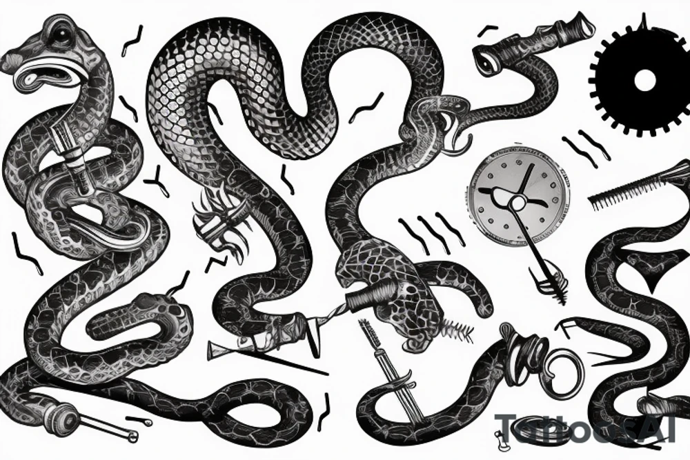 Clockwork, a snake eating its tail, music tuning fork minute hand and a nail as the hour hand tattoo idea