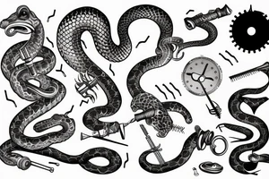 Clockwork, a snake eating its tail, music tuning fork minute hand and a nail as the hour hand tattoo idea