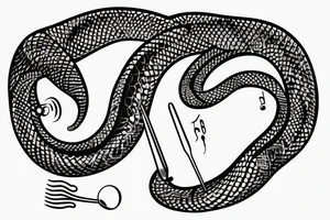 Clockwork, a snake eating its tail, music tuning fork minute hand and a nail as the hour hand tattoo idea