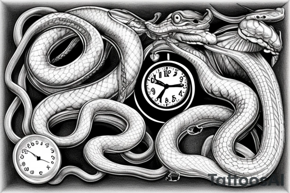 Snake eating its tail, two clocks, forged in flame tattoo idea