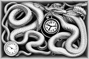 Snake eating its tail, two clocks, forged in flame tattoo idea