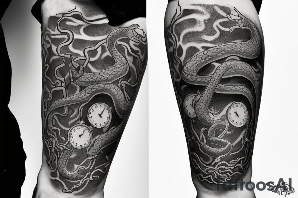 Snake eating its tail, two clocks, forged in flame tattoo idea