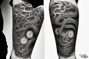 Snake eating its tail, two clocks, forged in flame tattoo idea