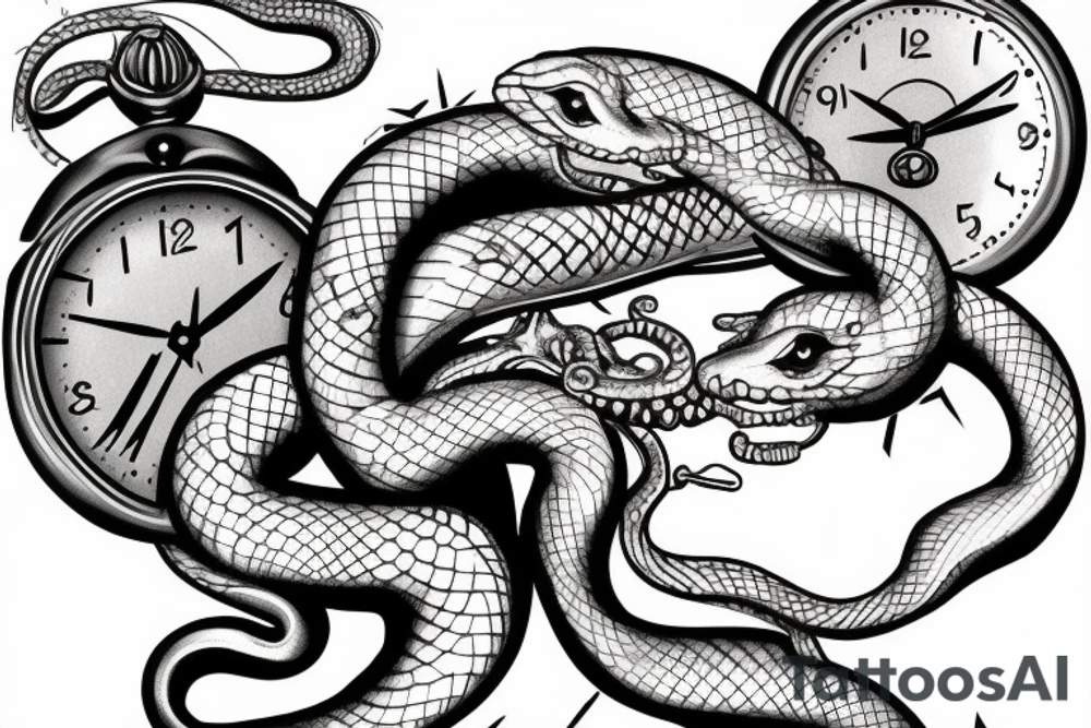 Snake eating its tail, two clocks, forged in flame tattoo idea