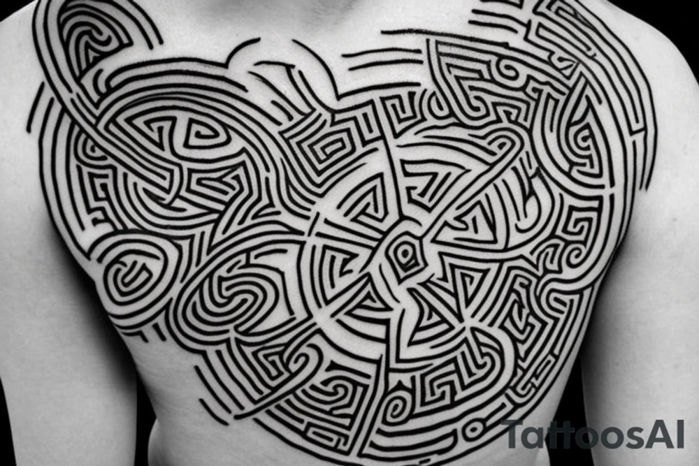 a circle spine tattoo, that contains a big text of viking runes. Nordic style tattoo idea