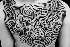 a circle spine tattoo, that contains a big text of viking runes. Nordic style tattoo idea