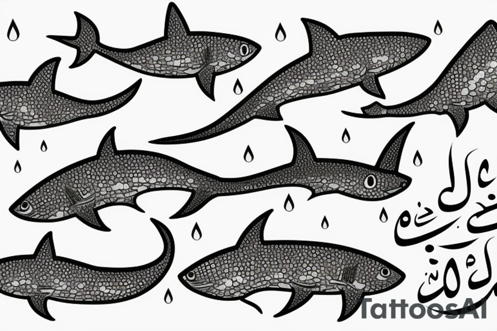 Small sharks swimming around an arabic word. tattoo idea