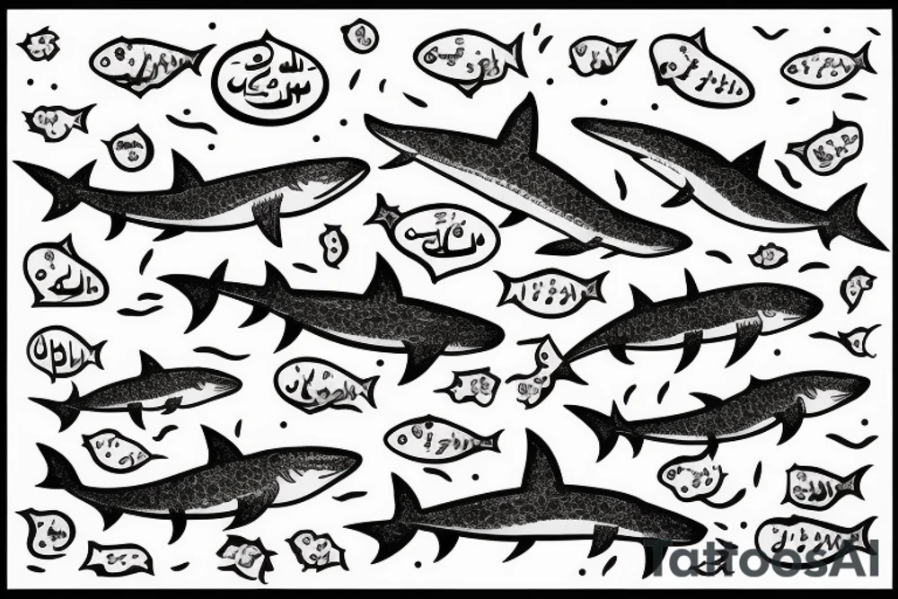 Small sharks swimming around an arabic word. tattoo idea