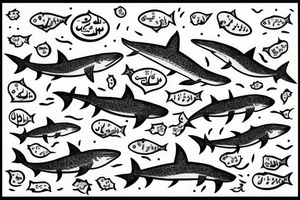 Small sharks swimming around an arabic word. tattoo idea