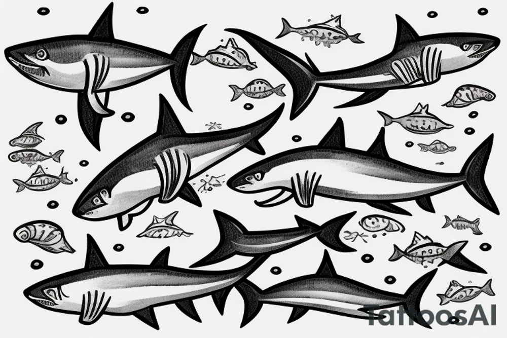 small sharks swimming, top view tattoo idea