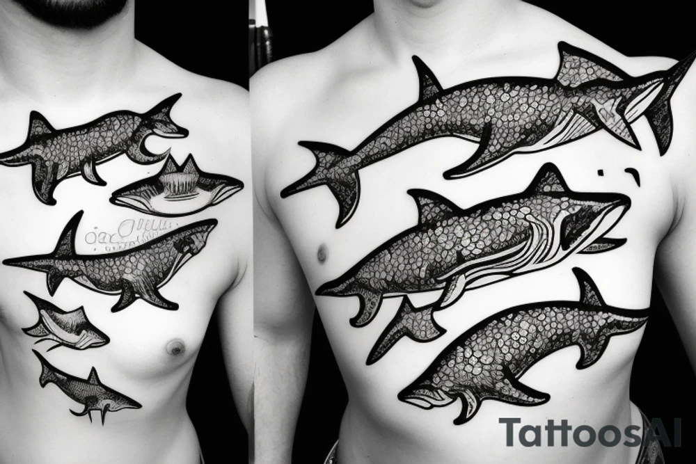 small sharks swimming, top view tattoo idea